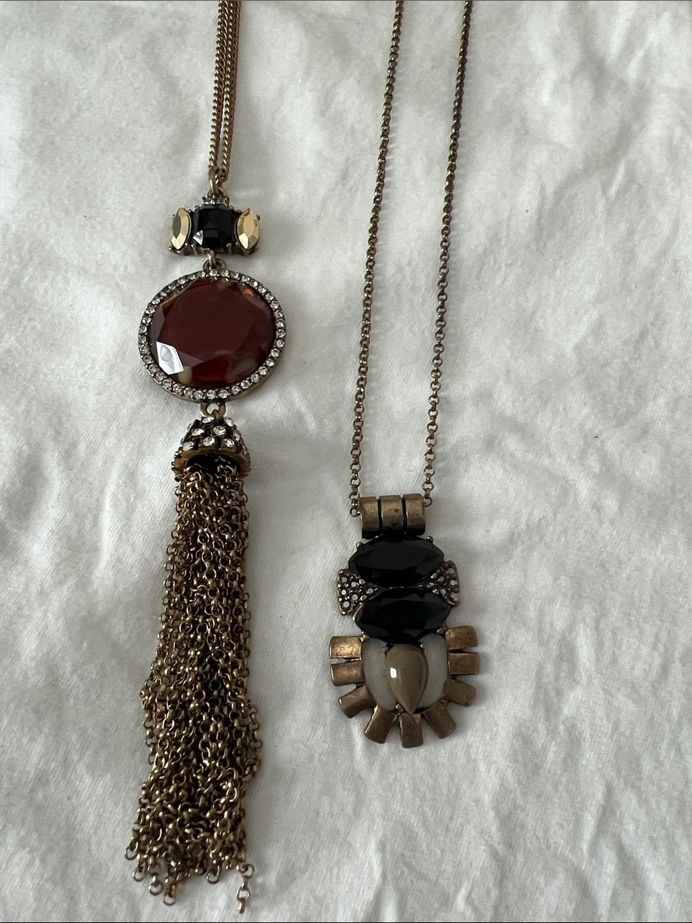 Antique Gold-Tone Tassel & Black Stone Pendant Necklace Set